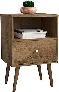 Manhattan Comfort Liberty Mid Century Modern Nightstand with Drawer and Cubby, Bedside Table for Bedroom and Living Room, Night Stand Accent Decor, Easy Assembly, Rustic Brown