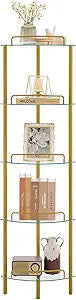 FAVOOSTY 5-Tier Corner Shelf Stand, Gold Corner Bookshelf, Bathroom Organizer, Plant Stand, Tempered Glass Shelves, Modern Style for Living Room, Bedroom, Kitchen, Home Office, Metallic Gold