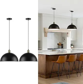 Black Pendant Light Fixtures 2 Pack, 15.7 Inch Large Dome Pendant Lighting Farmhouse Vintage Chandelier for Kitchen Island Dining Room