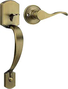 Tinewa Antique Brass Camelot Trim Lower Half Handleset, Upgated Entry Door Handle with Accent Wave Door Lever, Antique Brass Front Door Handleset, Interior Left Handed Lever
