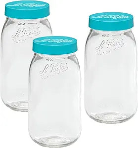 Le Parfait Eco-Friendly Zero Waste Wide Mouth Glass Jar with Airtight Screw Top Lid  Reusable French Storage Jar for Food, Soup, Flour, Sugar, Canning & Baking (2L/64oz, 3 Pack, Teal)