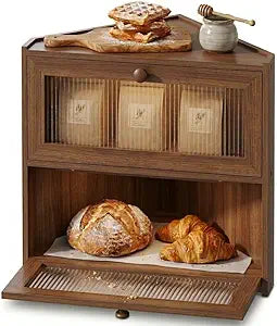 Brown Corner Bread Box, 2 Tier Bamboo Bread Box for Kitchen Countertop, Wooden Bread Storage Container and Space-Saving Bread Keeper for Homemade Bread, Bagels and Rolls