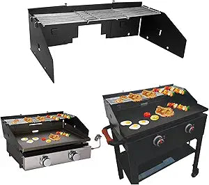 Adjustable Wind Screen and Griddle Warming Rack Set for 22' to 28' Griddle with Rear Grease, Black, Metal