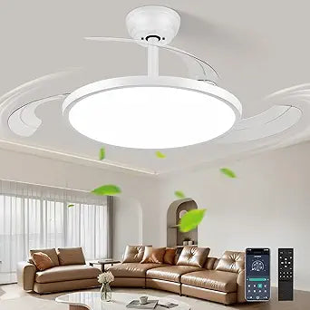48" Retractable Ceiling Fan with Lights, Slim Fandelier Ceiling Fans with Lights and Remote, Dimmable 6 Speed Silent Modern Ceiling Fan with Light for Bedroom Living Room Kitchen-White