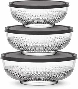 BOHEM'S 3 Pack Glass Bowls with Lids, Space-Saving Stackable Heavy Glass Food Storage Containers set with Lids, Meal Prep Containers With BPA-Free airtight Lids (4-6-11 cup) (305088 oz)