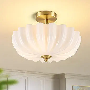Gold Semi Flush Mount Ceiling Light,Modern Ceiling Light Fixture with Milk White Flower Shade, Vinatge Brass Entryway Lights Fixture for Bedroom Bathroom Kitchen,E26