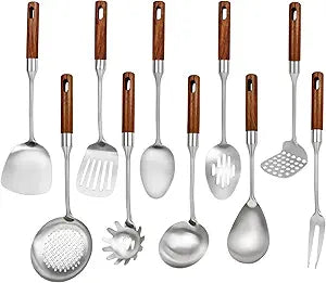304 Stainless Steel Cooking Utensils Set with Wood Handle,10 Piece Metal Kitchen Utensils Dishwasher Safe Heat Resistant Serving Utensil Wok Tools (13-14in)
