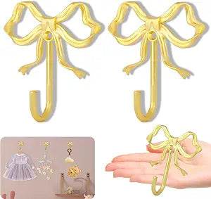 2Pcs Large Size Gold Bow Wall Hook, Gold Coat Hook, Metal Hook, Bow Room Decor Hooks for Coats, Coffee Mugs, Hats, Bags, Bath Towels and Girls Room Decor