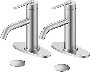 HURRAN Bathroom Faucet 1 Hole for Single Handle, Nickel Bathroom Faucet with Pop-up Drain and Deck, Fits 1 Hole or 3 Hole Installations for Vanity, Bathroom & RV, 2 Pack