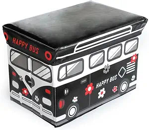 [Happy Bus - Black] Rectangle Foldable Faux Leather Storage Ottoman / Storage Boxes / Storage Seat