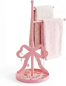 Chumia Pink Bow Towel Holder, F-Shape Stand with 2 Swivel Arms