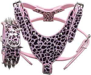 Serijoars Spiked Studded PU Leather Dog Harness Collar Set for Large Breed Pit Bull Bully Husky Terrier (Spikes Leopard, XL)