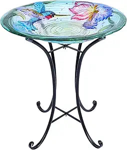 MUMTOP Bird Bath-Outdoor Glass Birdbath - Bird Baths for Outdoors Hummingbird with Metal Stand for Garden Lawn Yard Decor