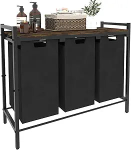 10 x 3 Gal Large Laundry Hamper with 3 Pull-Out & Removable Sorter Bags, Freestanding Clothes Basket Organizer for Clothing or Toys in Bathroom and Living Room, Rustic Brown and Black