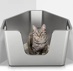 Stainless Steel Corner Cat Litter Box, Metal Litter Box with High Sided, One-piece Corner Cat Toilet, No Assembly Required, Non-Stick, No Odor Kitten Litter Pan, Easy to Clean, for Small Medium Cats