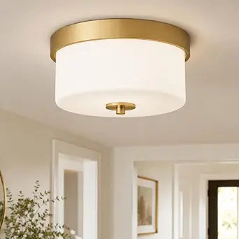 Emak 11 Inch Brushed Gold Flush Mount Ceiling Light Fixture, 2-Light Fixtures Ceiling Mount with Milk Glass Shades for Hallway, Kitchen, Bathroom, Dining Room, FM082-GD-ML
