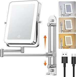 Gospire Height Adjustable Wall Mounted Lighted Makeup Mirror with Hooks, 3000mAh Rechargeable with 1X/10X Magnification, 3 Light Colors and Stepless Dimming for Bathroom