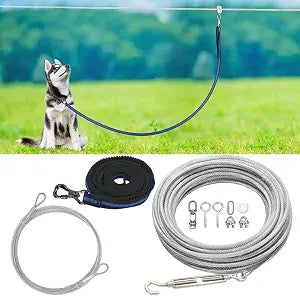 XiaZ Dog Tie Out Cable, 150ft Trolley Runner Cable for Dogs up to 250lbs, Dog Lead for Yard, Camping, Outdoor, with 8 Ft Nylon Bungee Runner, Cable Sling to Protect Trees