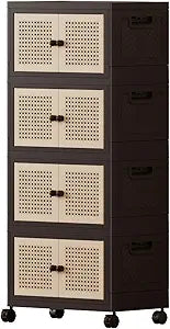 CXCJAI Foldable Plastic Storage Cabinet with Wheels, Rattan-Style Doors, Stackable Organizer with Magnetic Doors,Storage Boxes for Living Room, Bedroom, Office 4-tier