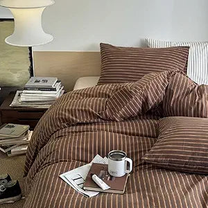Striped Duvet Cover Queen Size Brown Retro Stripes Comforter Cover 3 Pcs Vertical Ticking Stripes Soft Breathable Microfiber Bedding Set with Zipper Closure and 2 Pillowcases