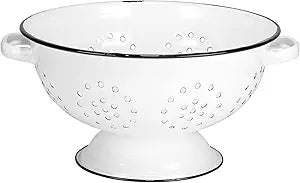 Red Co. Enamelware Metal Classic 10.5 Inch Round Food Strainer Colander with Two Handles, Distressed White/Black Rim