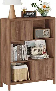 FATORRI Bookshelf with Storage, 5 Cube Bookcase with Doors, Farmhouse Wood Cube Storage Organizer for Home Office, Bedrooom, Living Room (Walnut)