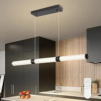 Black Chandeliers for Dining Room, Dimmable Kitchen Island Lighting, Linear Pendant Light, Modern LED Chandelier Light Fixture for Living Room and Pool Table