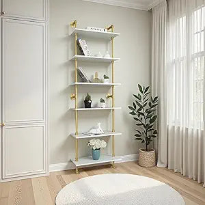 ZIOTHUM 6 Tier Gold Bookshelf, White and Gold Shelves, Modern Shelves Shelf Bookcase Metal Mid Century Open Industrial Wall Mount Accents Decor Retail Shelving Vertical for Living Room