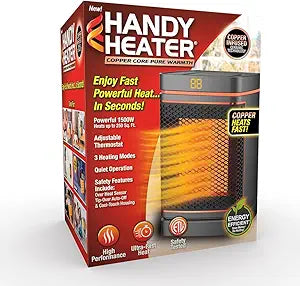 Ontel Handy Heater Copper Core Pure Warmth Ceramic Space Heater (1500 W), Adjustable Thermostat, Portable Heater for the Bedroom, Office, Garage & More, Quiet Small Space Heater
