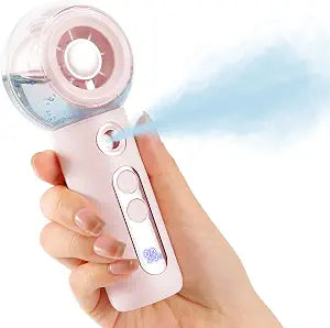 TOBTOS Handheld Misting Fan Portable, Powerful Turbo Airflow, Rechargeable Mini Personal Mister Fan with Water Spray, LED Display, 4 Speeds, Cooling Fans for Travel, Beach, Girls - Pink