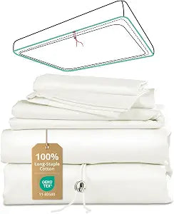 King Bed Sheet Set with Drawstring and 360 Elastic, 4PCS 100% Long-Staple Cotton King Size Sheets Set, Luxury Soft, No Slippage, Anti-Pilling, Deep Pocket Fits 8 to 14" Mattress
