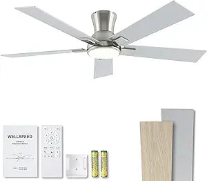 52 Inch Ceiling Fans with Lights and Remote, Brushed Nickel Flush Mount Low Profile Ceiling Fan for Bedroom, Patio, Reversible DC Motor, 6-Speed Quiet LED Dimmable, ETL Listed