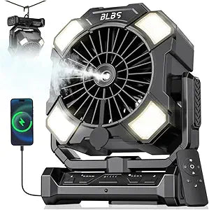 BLBS Camping Misting Fan, 24000mAh Rechargeable Battery Powered, 80H Runtime, 300ml Water Tank, LED Light & Hook, Portable Outdoor Fan for Camping TravelBlack