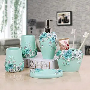 LUANT Vintage Pink Bathroom Accessories, 5Piece Bathroom Accessories Set, Bathroom Set Features, Soap Dispenser, Toothbrush Holder, Tumbler & Soap Dish - Bath Gift Set (Blue)