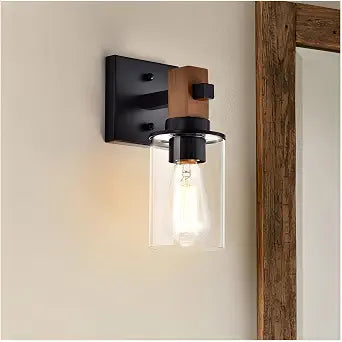 Rustic Wall Sconces,Hardwired 1-Light Farmhouse Sconce with Clear Glass Cylinder Shade,Matte Black Metal & Wood Wall Light,E26 Indoor Bathroom Vanity Fixture for Mirror,Bedroom,Hallway