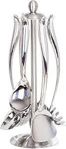 18/10 Stainless Steel Cooking Utensils Set with Holder, 7-Pieces All Metal Kitchen Utensils, 15 Long Kitchen Tools with Countertop Rotating Stand, Spatula, Ladle, Skimmer, Tunner, Pasta, Large Spoon