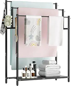 Mondazie 44 Tall Free Standing Towel Racks with 6 Hooks for Bathroom, 3 Tiers Oversized Pool Bath Towels Drying Stand, Metal Blanket Ladder Holder with Storage Shelf for Bedroom Living Room, Black