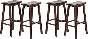 PJ Wood Classic Saddle Seat 29" Tall Kitchen Counter Stools for Homes, Dining Spaces, and Bars w/Backless Seats & 4 Square Legs, Walnut (Set of 4)