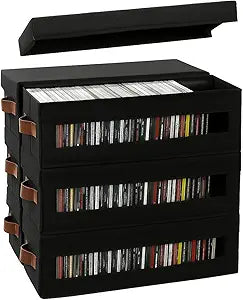 6 Packs CD Storage Box with Visible Window, Stackable CD Case Holder with Dustproof Lid and Handles, Holds Up to 222 CDs in Full Jewel Cases-15.75 x 6.10 x 5.31 Inches-Black