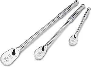 DURATECH 3-Piece Extra Long Drive Ratchet Handle, 1/4", 3/8", 1/2" 90-Tooth Ratchet Wrench with Dust Proof Teardrop Enclosed Head, Reversible, CR-V Steel Made, CR-MO Head, Full Polished, Gifts for Men