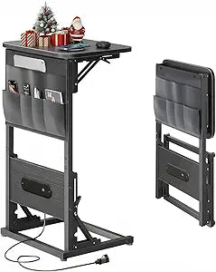 HLDIRECT C Shaped End Table with Charging Station, Couch Side Table with Storage Bag, Foldable TV Tray with 2 USB Ports and Outlets for Living Room, Bedroom, Black
