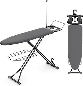 KINGBOARD Ironing Board, Compact Iron Board Full Size with Extra Thick Cover, 7 Adjustable Heights Stand with Hanger and Iron Rest, Large Heavy Duty Ironing Board with Storage Tray, 13x43 Black