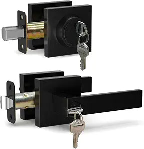 Front Door Lock Set Exterior Door Lock Set, Black Exterior Door Handle with Deadbolt - Keyed Alike Entry Door Locksets with Deadbolt, Heavy Duty Entry Door Handle for RightLeft Side, 1 Pack