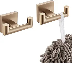 KOKOSIRI Robe Hooks Bath Towel Hooks Bathroom Hardware Double Coat Hooks Wall Mounted, 2 Pack Champagne Bronze Stainless Steel B1015CPG-P2