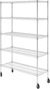 SafeRacks - NSF Certified Storage Shelves, Zinc, Heavy Duty Steel Wire Unit with Wheels and Adjustable Feet, Garage or Bakers Rack, Kitchen, Pantry Shelf - (18"x48"x72" 5-Tier) (Silver)