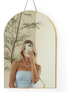 Gold Arched Wall Mirror 13x19- Small Vintage Hanging Mirror with Chain, Decorative Brass Mirror for Entryway, Bathroom, Bedroom&Living Room, Antique Gold Wall Mirror