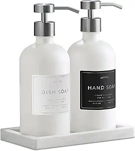 Glass Soap Dispenser Set of 2 (White) with Silicone Tray | Hand and Dish Soap Dispenser for Kitchen and Bathroom | 16.8 Oz Glass Bottles with Stainless Steel Pump & 15 Waterproof Labels (White/Silver)