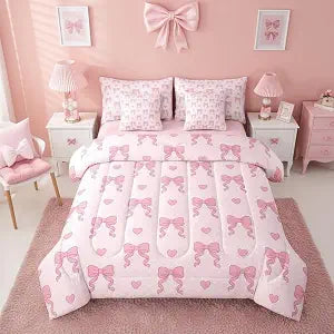 Erosebridal Pink Bow 7 Piece Bedding Set Twin Cute Bowknot Comforter Set with Sheets Ribbon Tie Princess Love Bed in a Bag Coquette Heart Dots Bed Sets Comforter