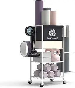 Yoga Mat Storage RackHome Gym Storage Rack Gym Workout Equipment Storage Organizer Fitness Weight Rack on Wheels for Yoga Mat,Yoga Block,Foam Roller,Resistance Band,Dumbbell,Kettlebell and Other Workout Accessories