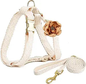 Puppy Harness and Leash Set Adjustable Cotton Handmade Embroidered No Pull Dog Harness for Easy Walk Girl Lace Dog Harness for Small Dogs with Flower for Dog Wedding Birthday Outfit (White,S)